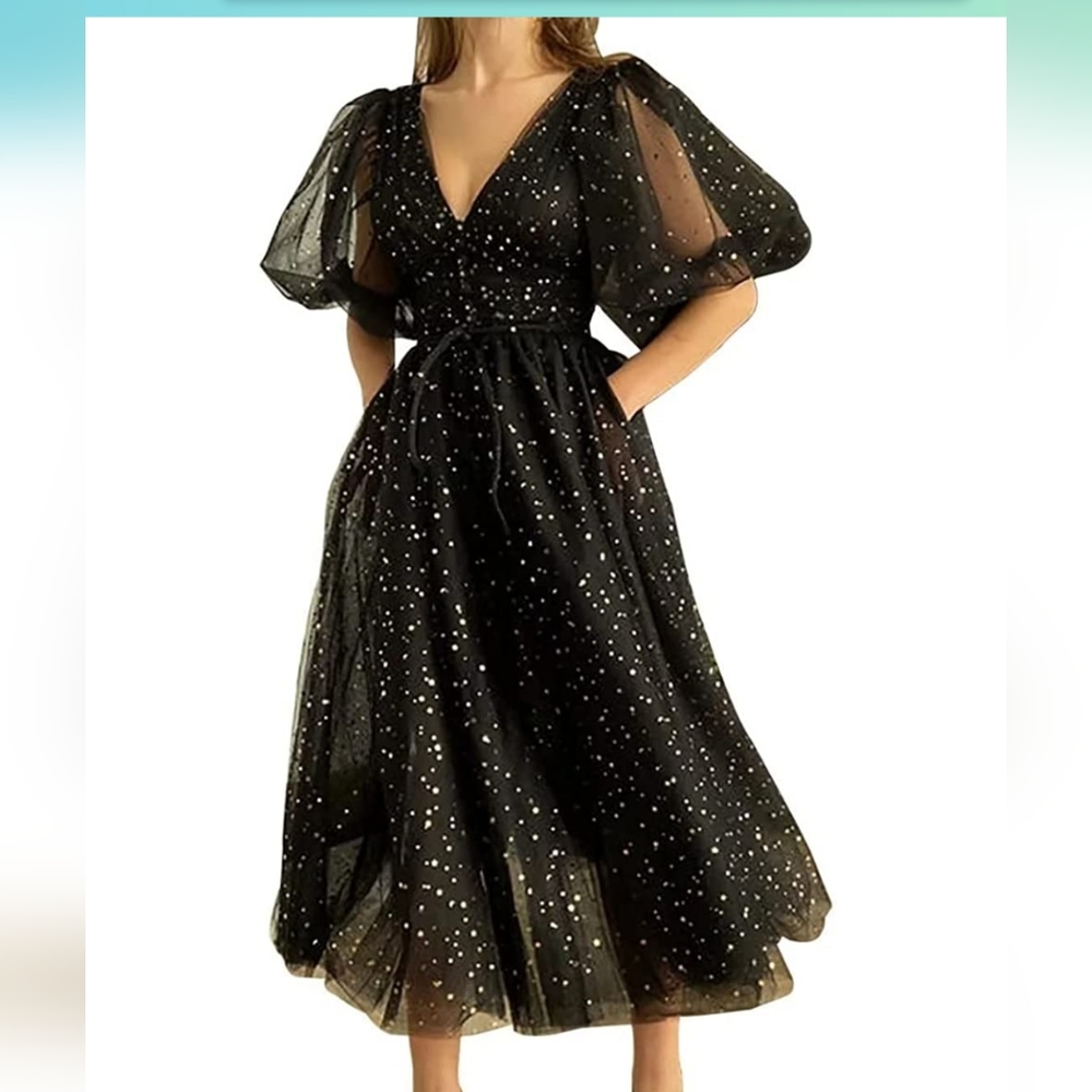 Black V-Neck Puff Sleeve Midi Dress with Sparkle